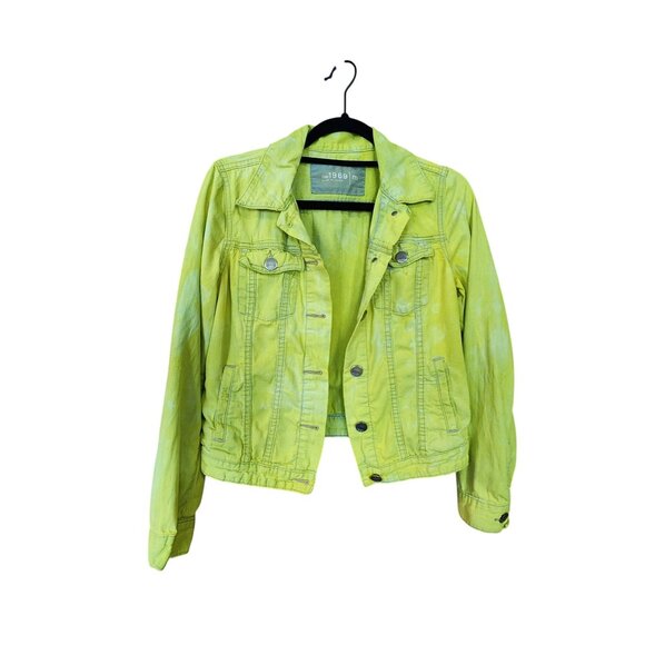Gap 1969 Yellow Tie-Dye Denim Jacket Womens M Casual Distressed Style - Picture 1 of 5